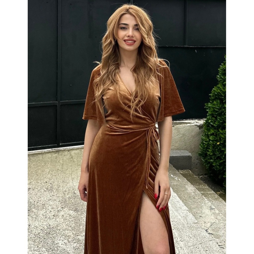 Merokeety Womens 2XL Caramel Brown Velvet Wrap Maxi Dress V-Neck Flutter Sleeve